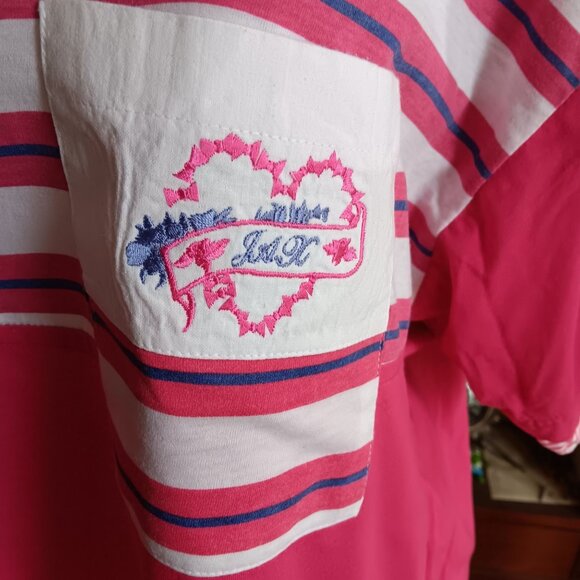 44/24W Vintage 90's Padded T-shirt Pink Striped Square Neck Embroidered Pocket - Picture 4 of 8